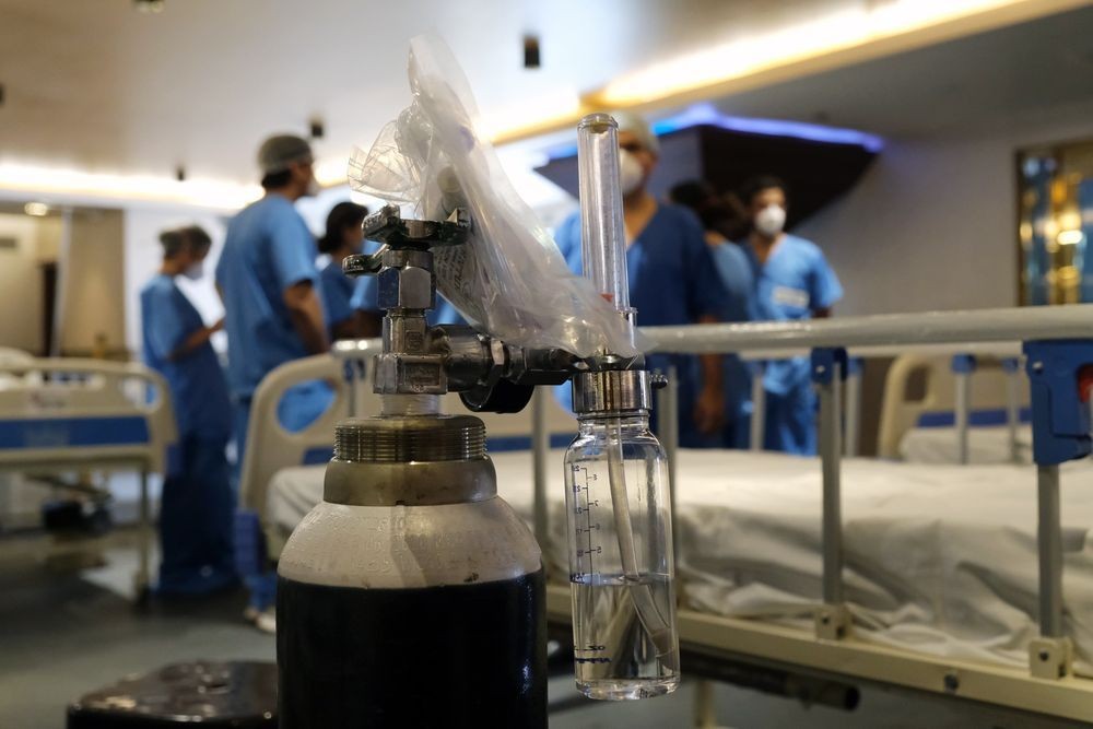 An emergency Covid-19 care center set up in the Shehnai Banquet Hall at the Lok Nayak Hospital Annexe in New Delhi, India