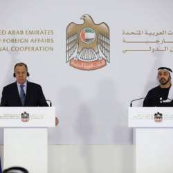 وزيرى خارجية الإمارات وروسيا خلال المؤتمر الصحفي 