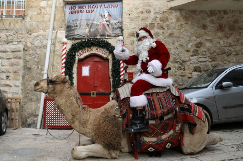 عيسى قسيسية وهو فلسطيني مسيحي يمتطي جملا ويوزع أشجار عيد ميلاد مجانية بالبلدة القديمة بالقدس