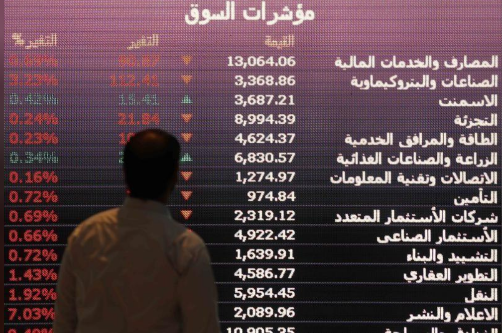 لوحة إلكترونية تعرض أسعار أسهم في البورصة السعودية بالرياض 