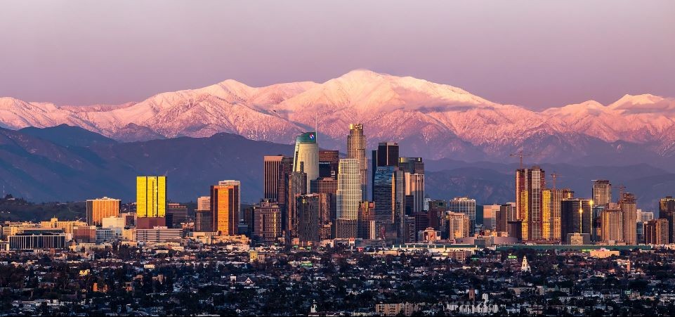 downtown Los Angeles sunset with Mount Baldy