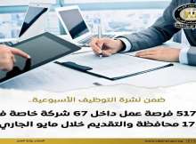 الإعلان عن 5173 وظيفة في 67 شركة خاصة في 17 محافظة مصرية