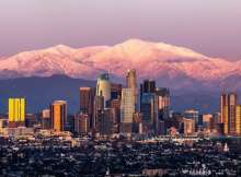 downtown Los Angeles sunset with Mount Baldy