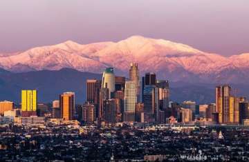 downtown Los Angeles sunset with Mount Baldy